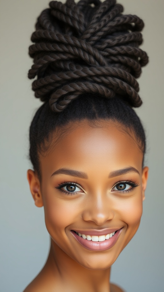A woman with a stylish Rubber Band Triangle-Part Updo hairstyle, featuring a high bun and triangle parting.