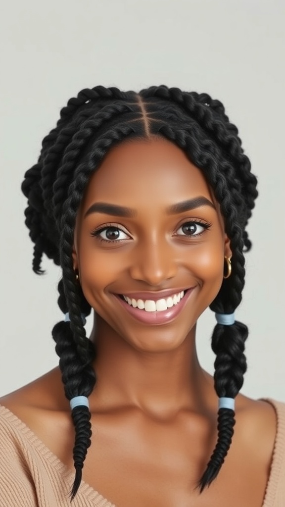 A woman with natural hair styled in rubber band zig-zag ponies, showcasing twists and colorful rubber bands.