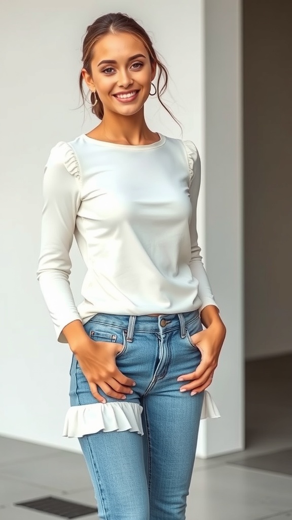 A woman smiling while wearing a ruched long sleeve top and frill hem jeans.