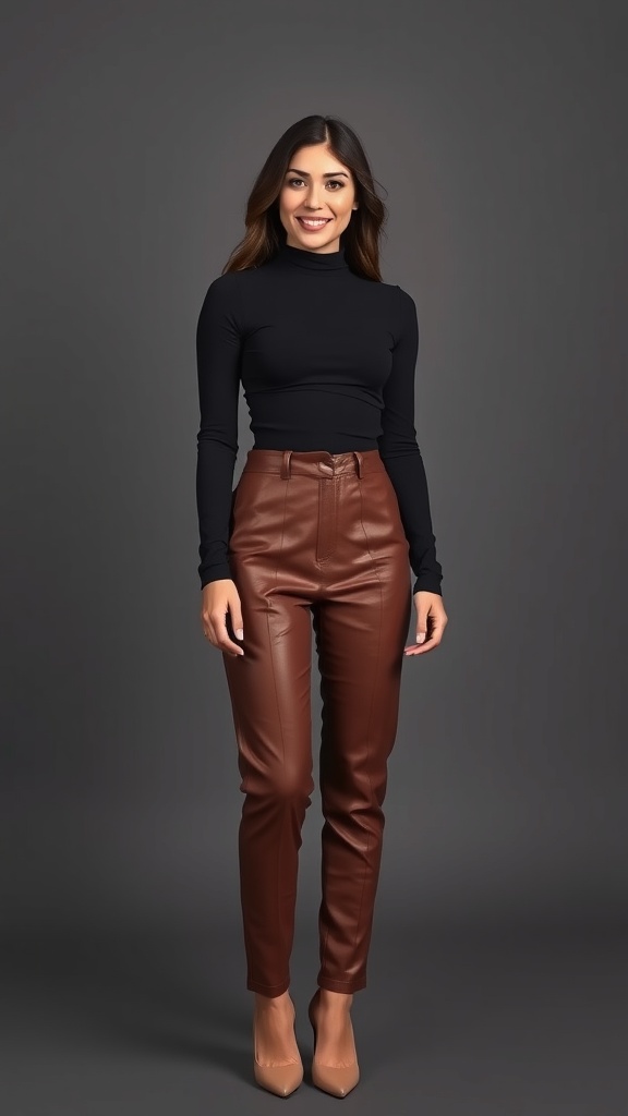 A woman wearing a black ruched long sleeve top and brown leather pants, styled for a fall date night.
