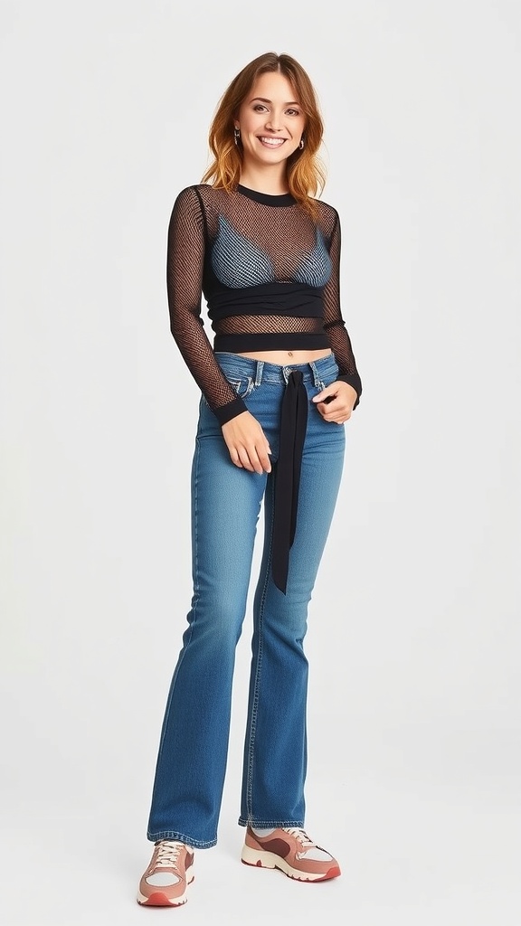 A woman wearing a ruched mesh long sleeve top with flared jeans, smiling and posing.