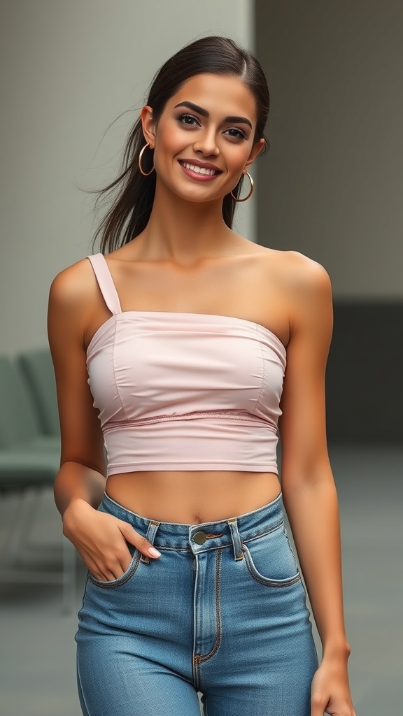 A woman wearing a ruched one shoulder crop top with flared jeans, smiling confidently.