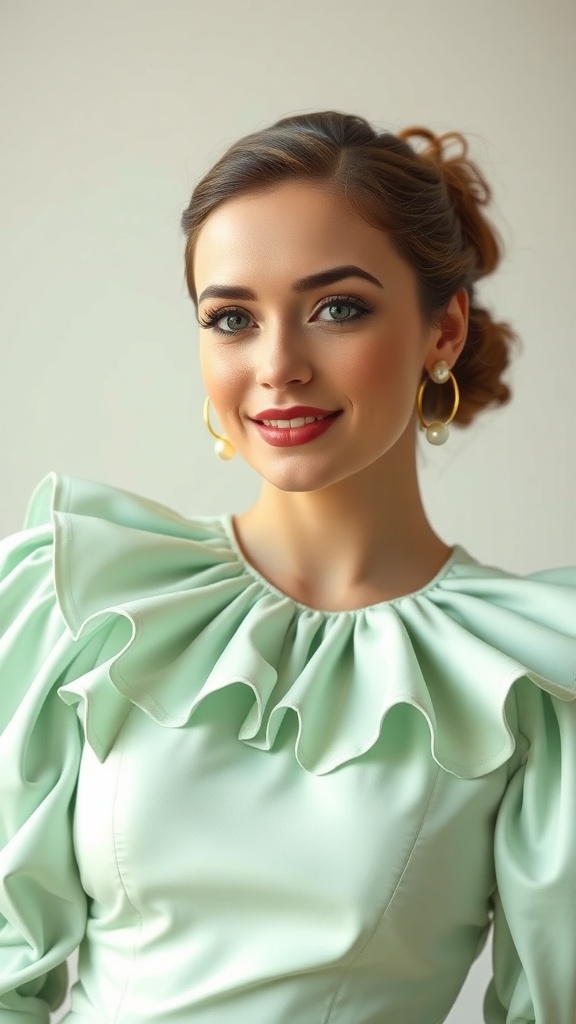 A model wearing a mint green top with a ruffle collar and puff sleeves, showcasing a retro feminine style.