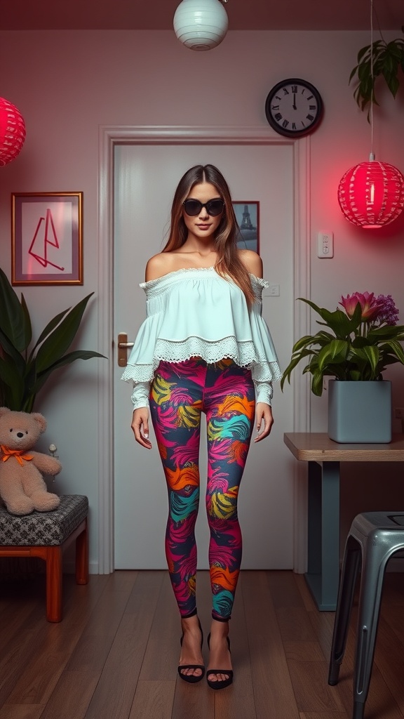 A woman wearing a ruffled off-the-shoulder top and colorful leggings, showcasing a bold 80s outfit.