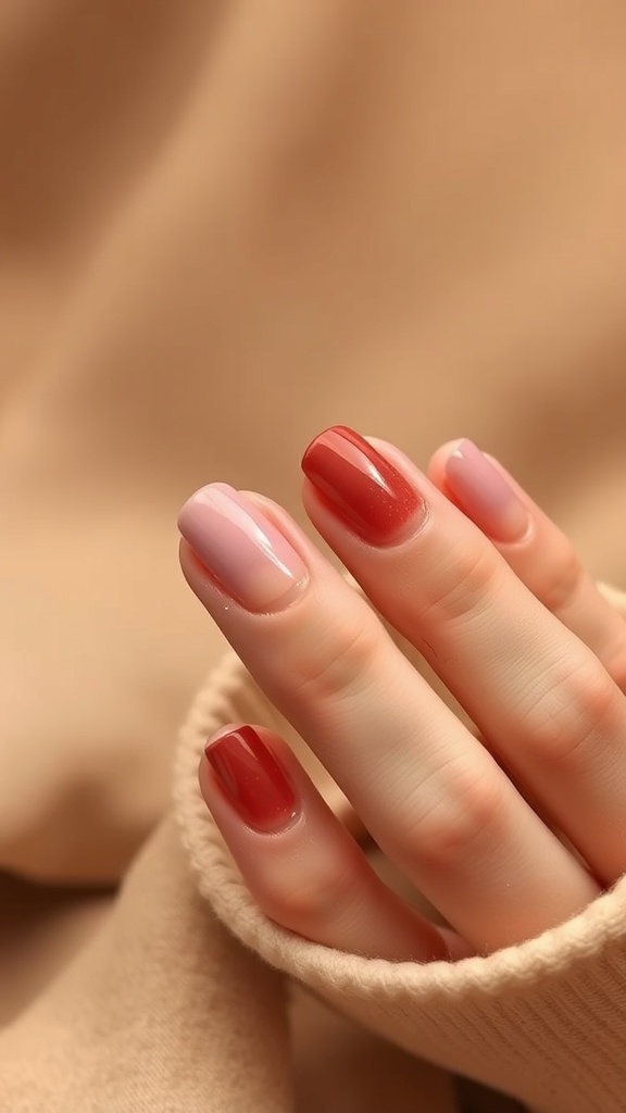 Rust-colored ombre fade nails with a gradient from deep rust to soft pink.