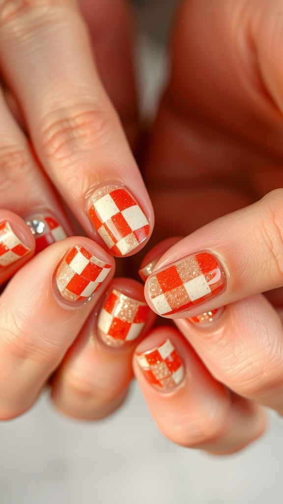 Close-up of hands with rust-toned checkered nail design featuring orange and cream colors.
