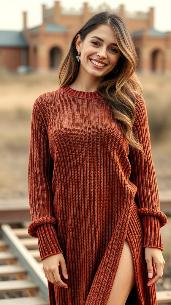 A woman smiling while wearing a rust knit long sleeve maxi dress with a high slit.