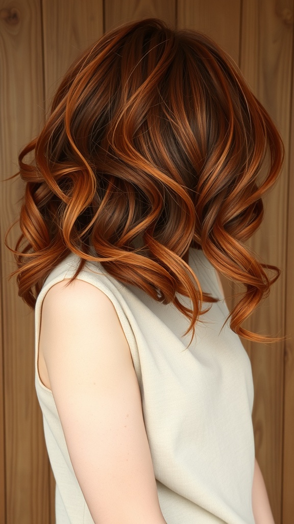 A woman with rustic red copper hair styled in loose curls, showcasing warm tones and depth.