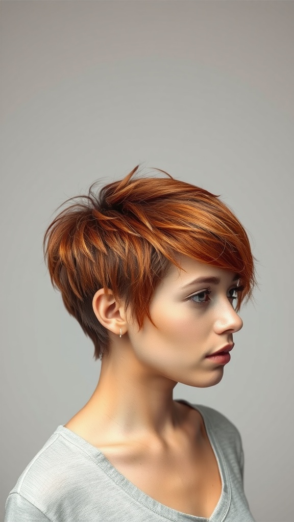 A woman with a rusty copper pixie cut, showcasing warm hair tones and a stylish look.
