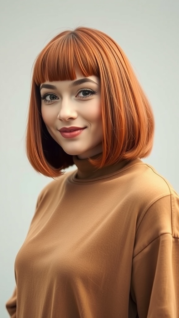 A woman with rusty red lob hairstyle and blunt bangs, wearing a brown top.