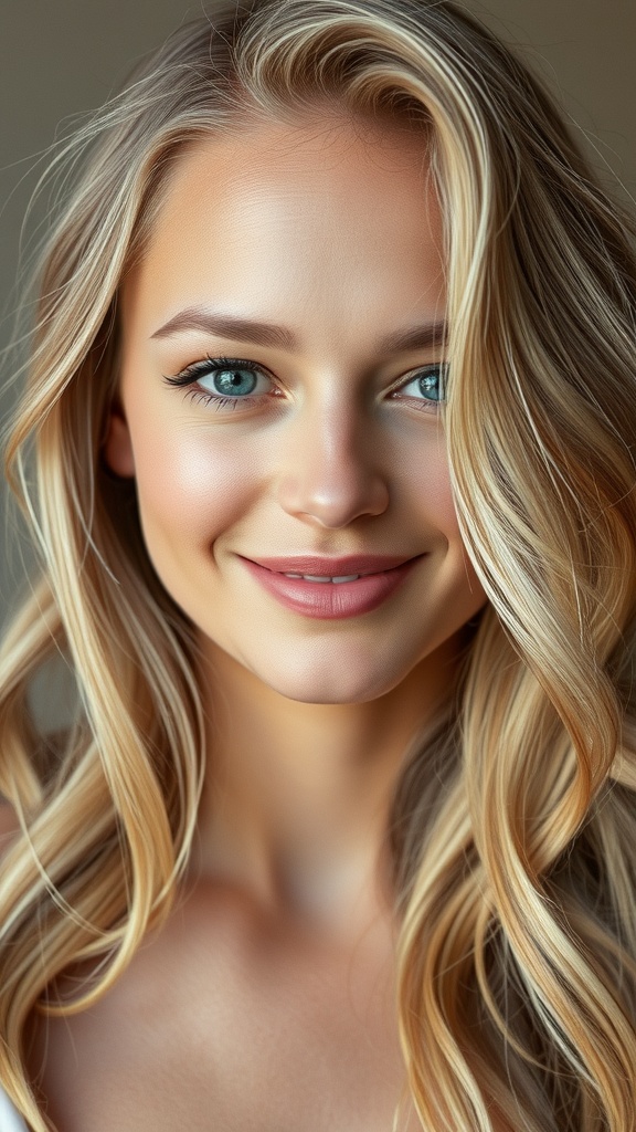 A woman with sandy blonde hair featuring honey highlights, smiling warmly.