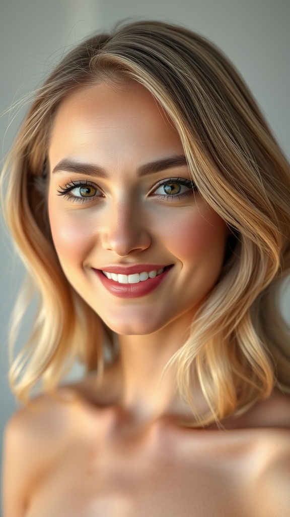 A woman with sandy blonde hair styled in soft waves, featuring honey tones that add warmth and dimension.