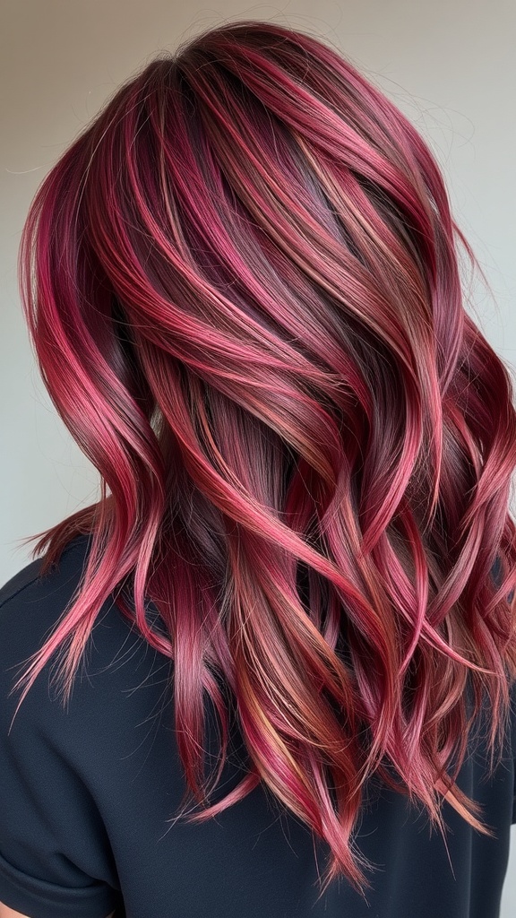 A hairstyle featuring sangria-infused layers with dark wine red and lighter tones.