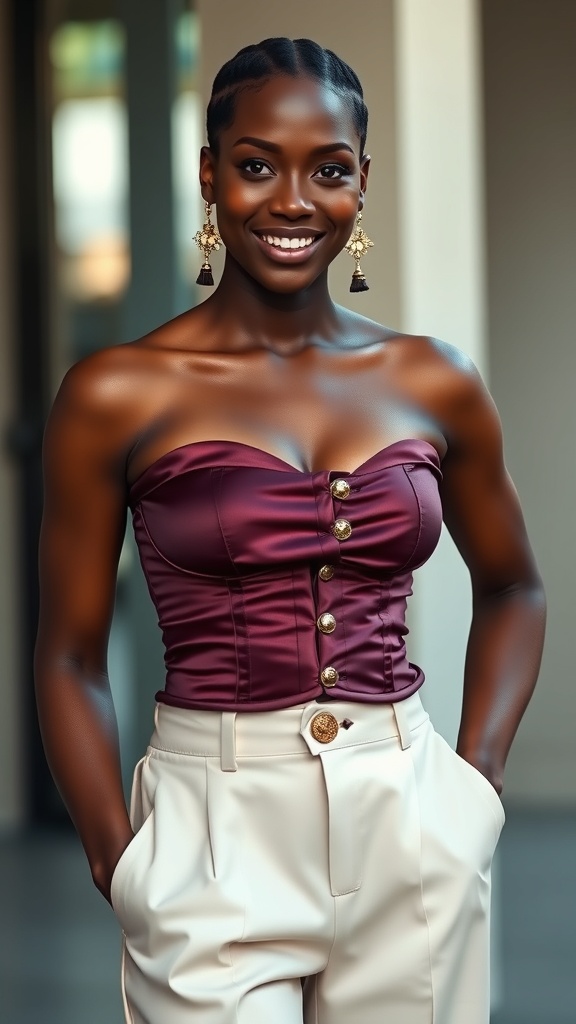 A woman wearing a satin corset top and wide-leg trousers, smiling confidently.