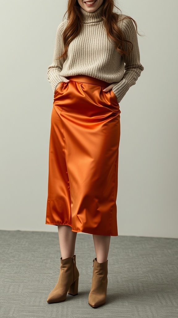 A woman wearing a beige sweater and an orange satin skirt, paired with heeled ankle boots.