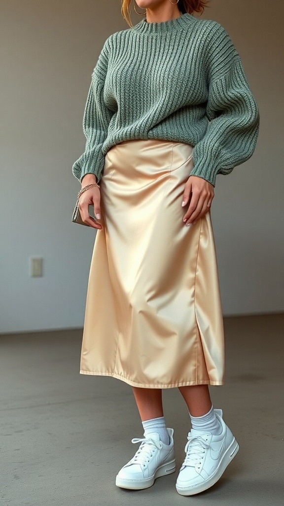 A person wearing a chunky green sweater and a satin skirt, paired with white sneakers.