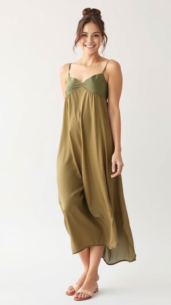 A midsize girl wearing a satin slip dress in olive green with a low bun hairstyle, smiling confidently.