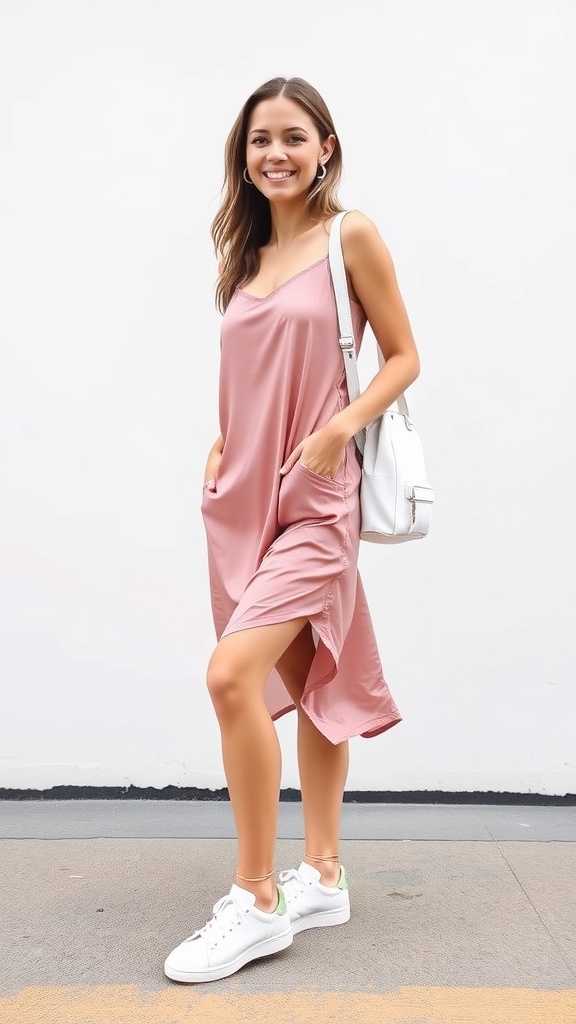 A woman wearing a light pink satin slip dress with white sneakers, smiling and holding a white bag.
