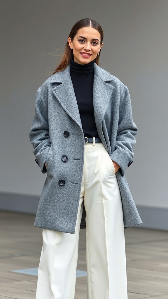 A woman in a gray oversized coat, black turtleneck, and white wide-leg trousers, embodying the Scandi minimalist aesthetic.