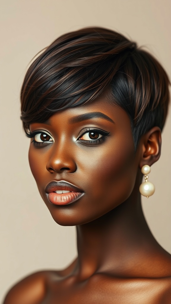 A woman with a sculpted brown pixie cut and glossy finish, showcasing a confident look.