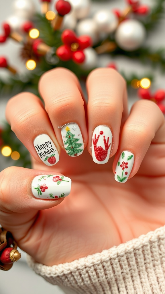 Festive birthday nails with Christmas designs including a tree, reindeer, and flowers