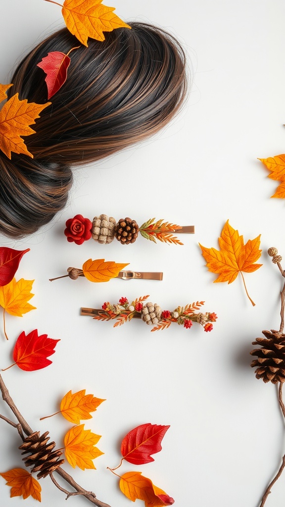 An assortment of seasonal hair clips featuring flowers and natural elements, arranged with autumn leaves and pine cones.