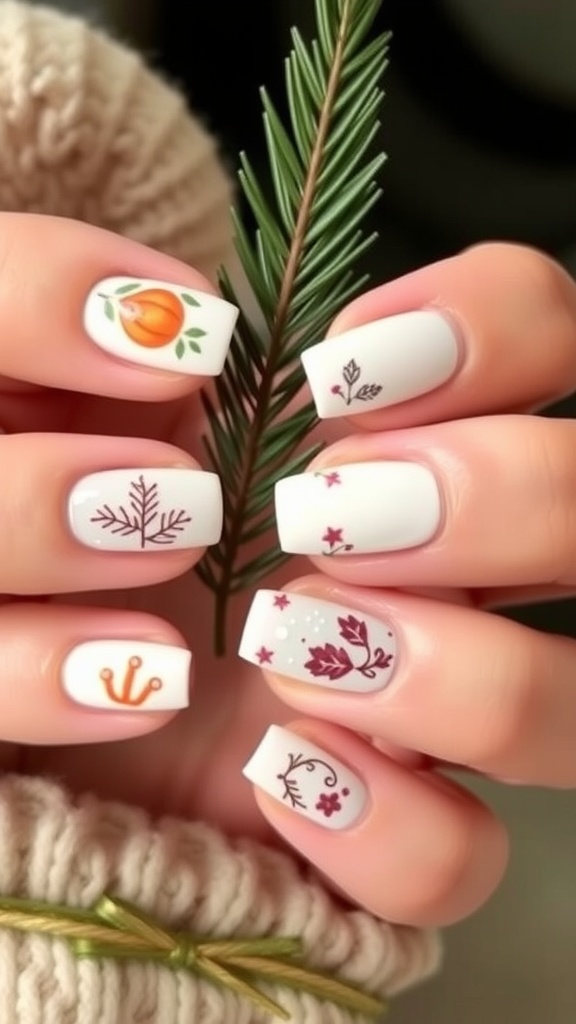 White French nails with floral designs and a cute character, surrounded by decorative elements.