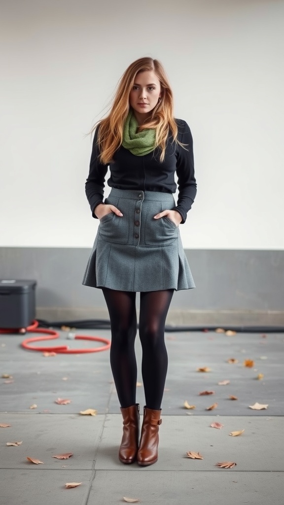 A woman wearing a black top, grey knee length skirt, black tights, and a green scarf, standing outdoors.