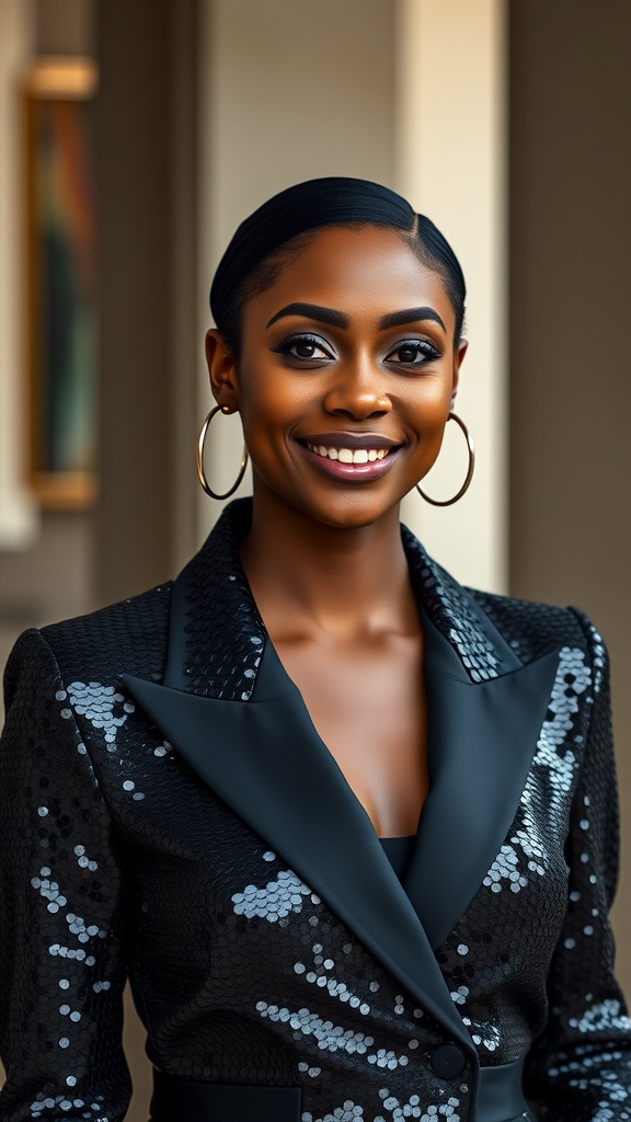 A woman wearing a sequin blazer dress, smiling confidently