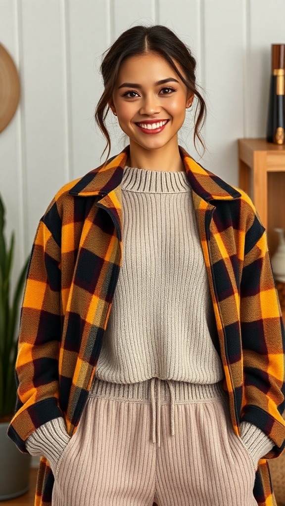 A woman wearing a plaid shacket over a ribbed knit top and matching knit pants, smiling in a cozy indoor setting.