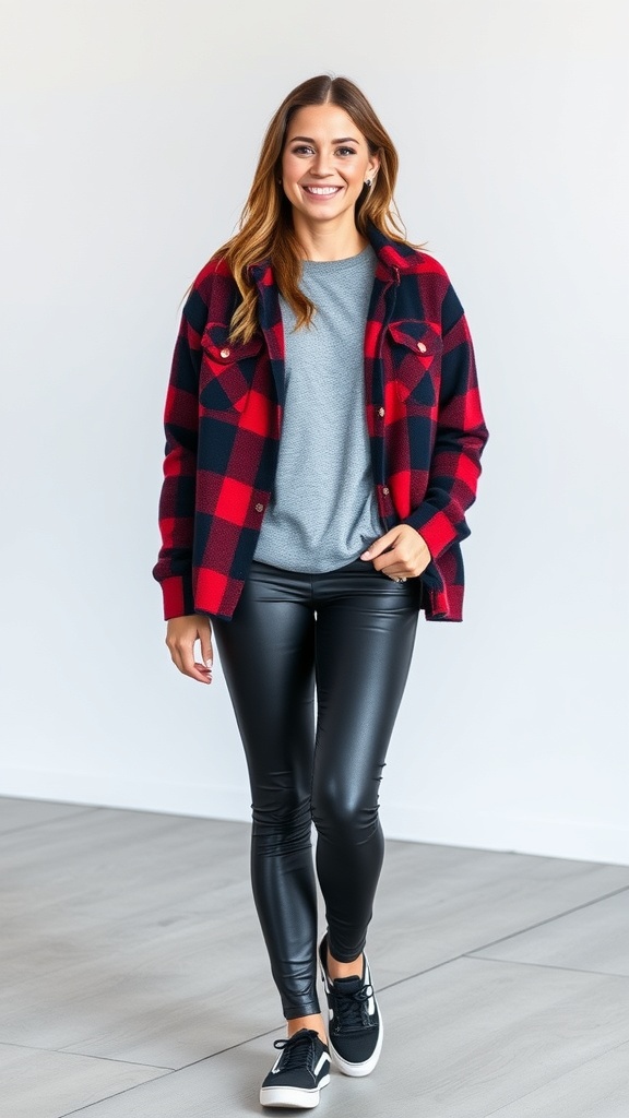 A woman wearing a red and black plaid shacket, grey top, faux leather leggings, and sneakers, smiling while walking.