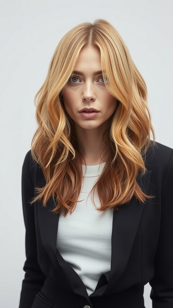 A woman with a shag cut featuring red blonde hair with blonde highlights, styled casually.
