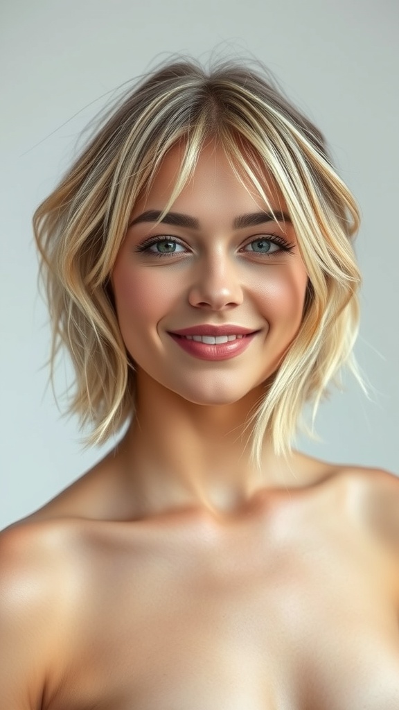 A woman with shag layers and wispy bangs, featuring blonde hair with brown highlights.