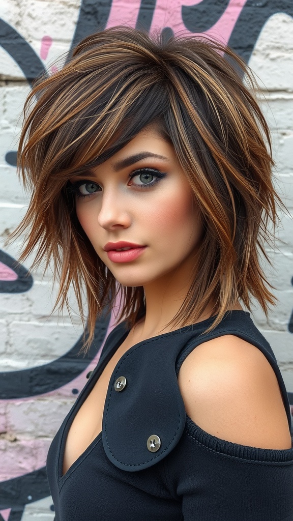 A person with shaggy layered hair styled in a messy finish, showcasing a modern take on 90s layered hair.