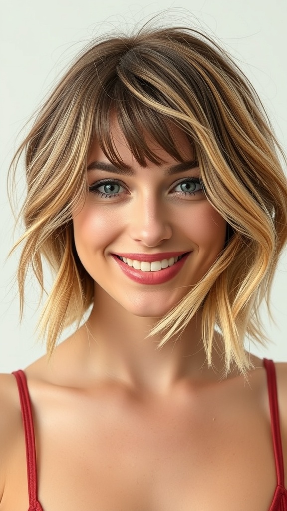 A woman with shaggy layers and blonde balayage on brown hair, smiling at the camera.