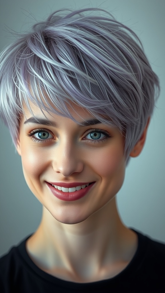 A woman with a shaggy pixie haircut featuring soft lilac highlights, smiling at the camera.