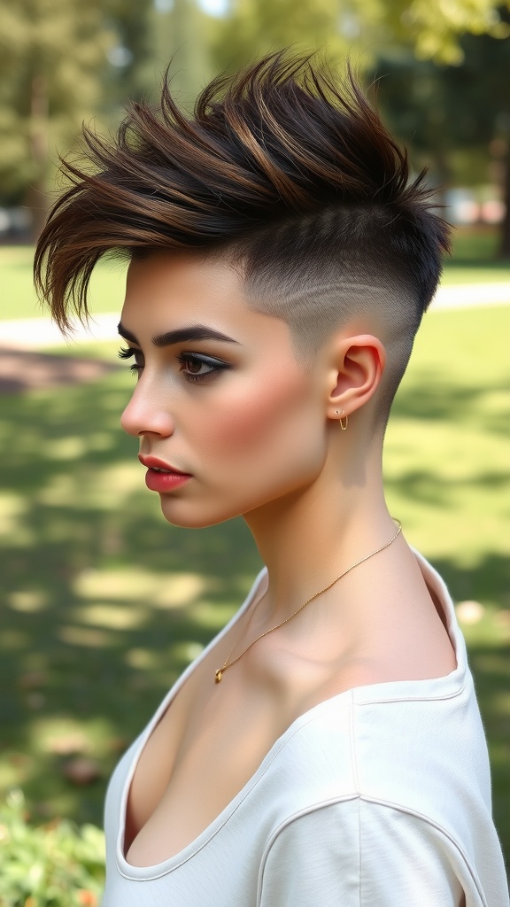 A woman with a shaggy wolfcut and undercut hairstyle, showcasing volume and texture.
