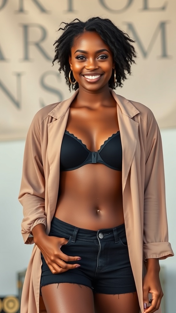 A smiling Black woman wearing a sheer duster over a bralette and shorts, showcasing a bold concert outfit.