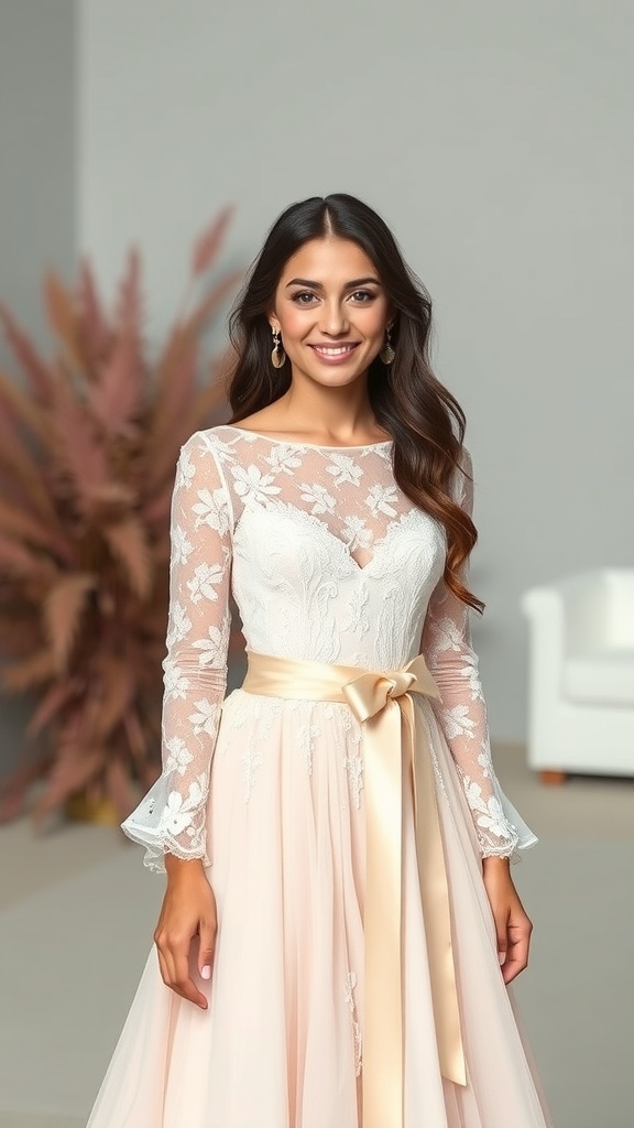 A bride wearing a long sleeve bridal gown with a sheer lace bodice and a flowing skirt, complemented by a satin ribbon.