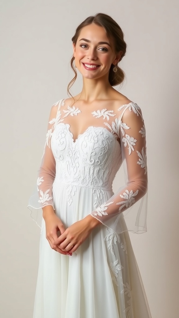 A bride wearing a lace long sleeve wedding dress with sheer off-shoulder sleeves and an empire waist, smiling gracefully.