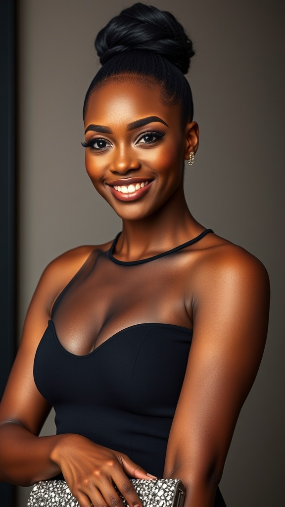 A woman wearing a sheer panel dress with a high bun hairstyle and a sparkling clutch, smiling confidently.
