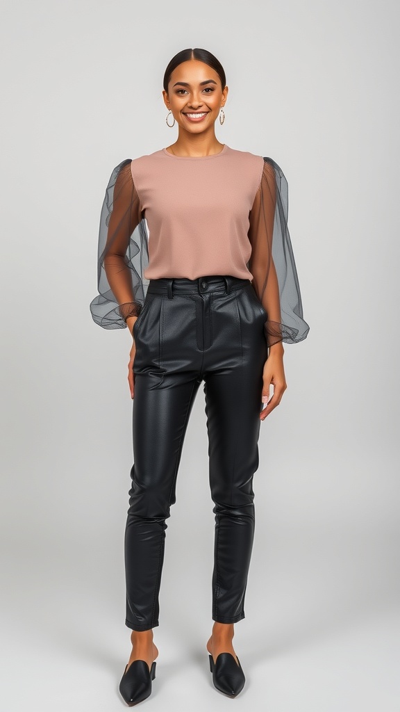 A model wearing a sheer sleeve long sleeve top with faux leather trousers, smiling.