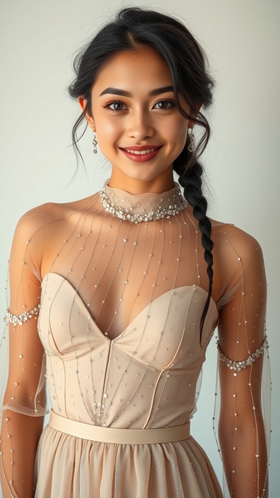 A young woman wearing a sheer sparkle overlay dress with a fitted bodice and flowing skirt, smiling at the camera.