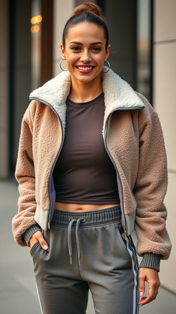 A woman wearing a cozy sherpa jacket and joggers, smiling confidently.