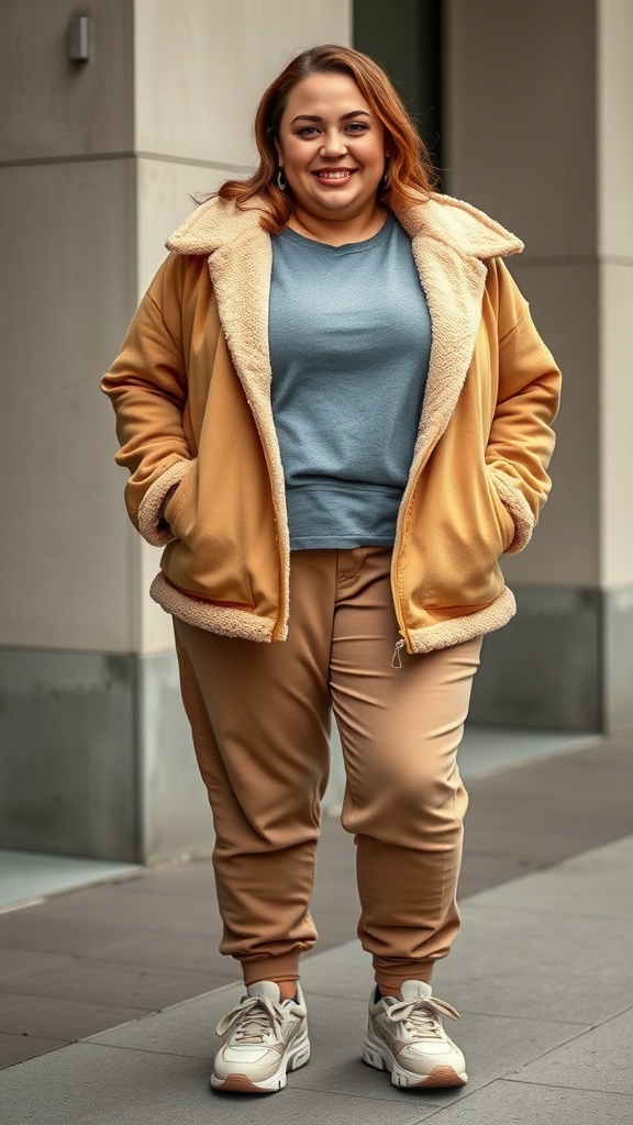 A smiling woman wearing a sherpa lined jacket and joggers, showcasing a cozy fall outfit.