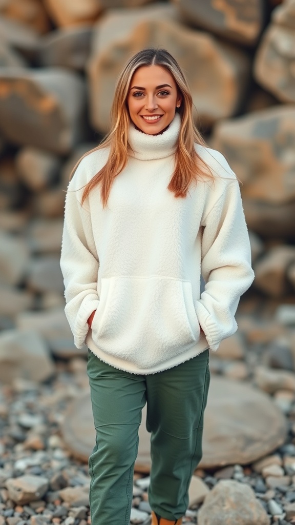 A woman wearing a white sherpa pullover, green joggers, and hiking boots, smiling outdoors.