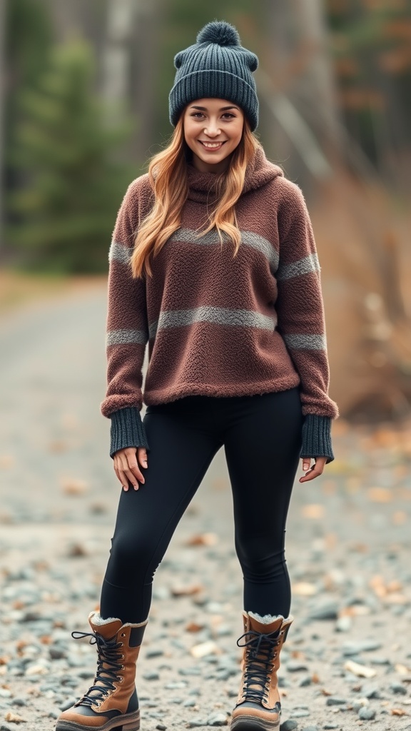 A woman wearing a brown sherpa pullover, black leggings, and a beanie, smiling in a forest setting.