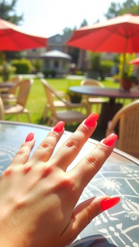 A hand with coral orange nails resting on a table in a sunny outdoor setting with red umbrellas.