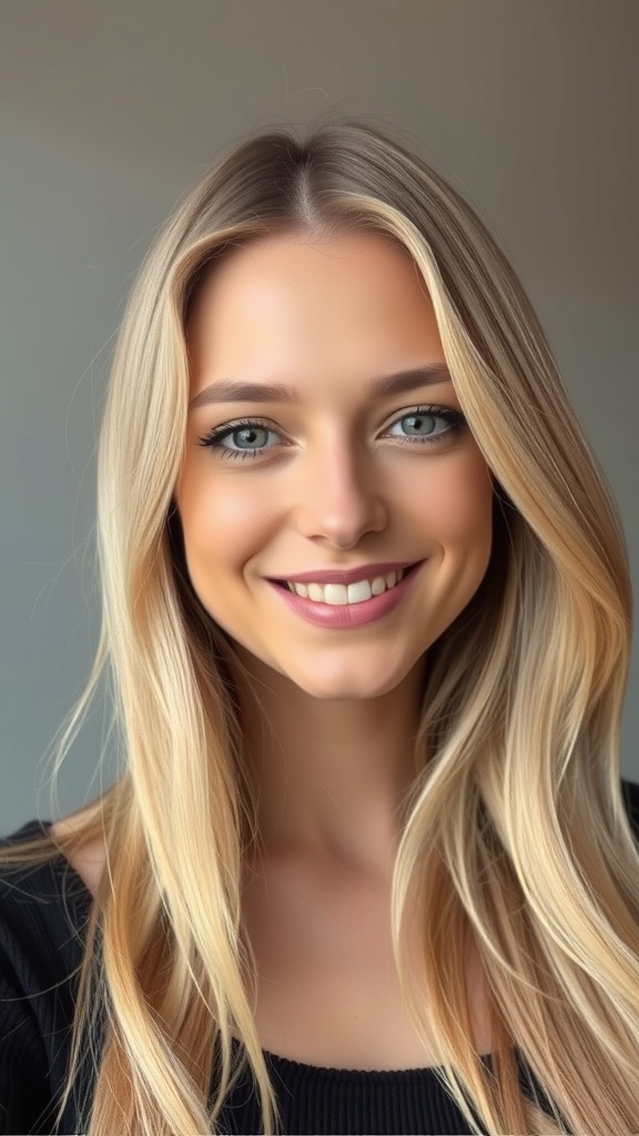 A woman with shiny blonde hair featuring seamless lowlights, smiling at the camera.
