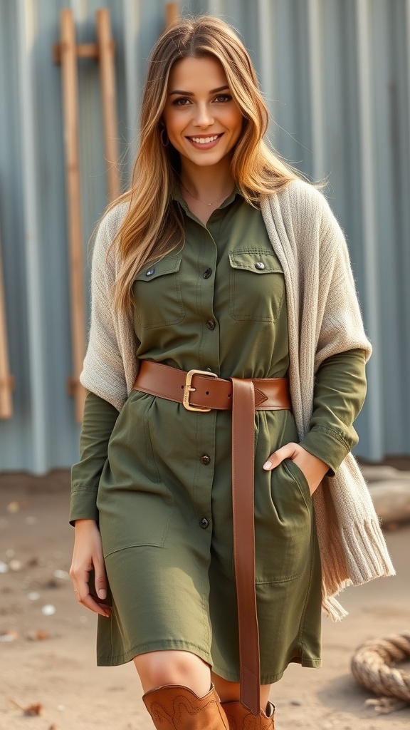 A woman wearing a green shirt dress with a belt and western boots, smiling outdoors.